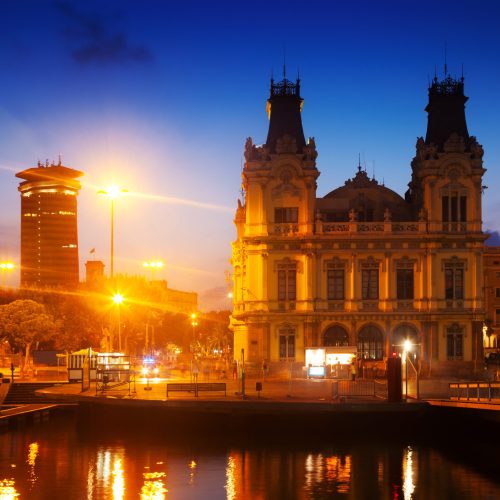 Columbus Monument in evening. Barcelona, Spain